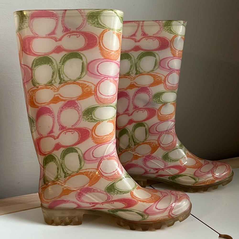 Coach Multicolor Signature Print Rain Boots - Pink, Orange & Green